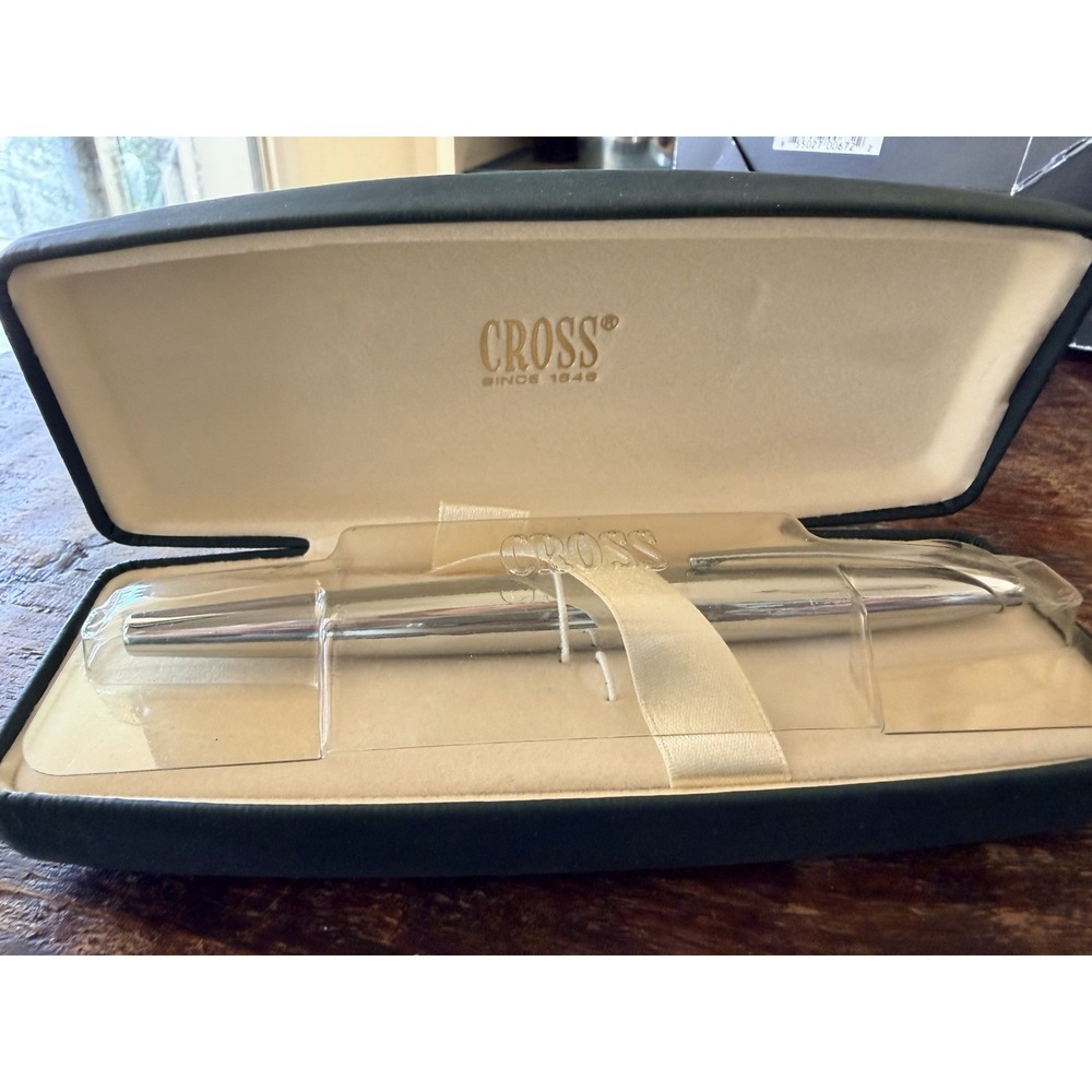 Cross Fountain Pen Fine Nib Polished Chrome Silver w Case Blue Cartridge
